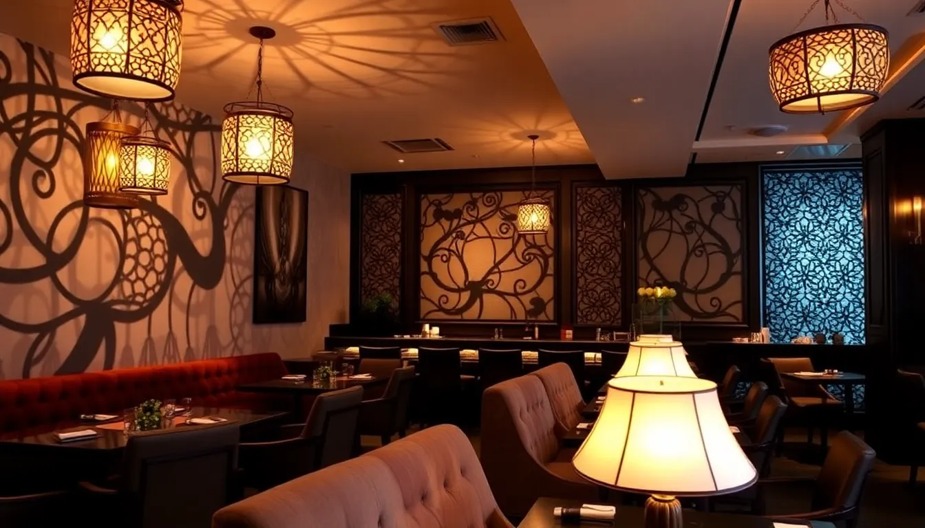 Interior of a stylish restaurant with warm lighting and elegant decor.