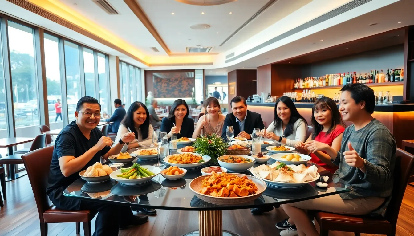 diverse diners enjoying Hong Kong cuisine in a modern restaurant.