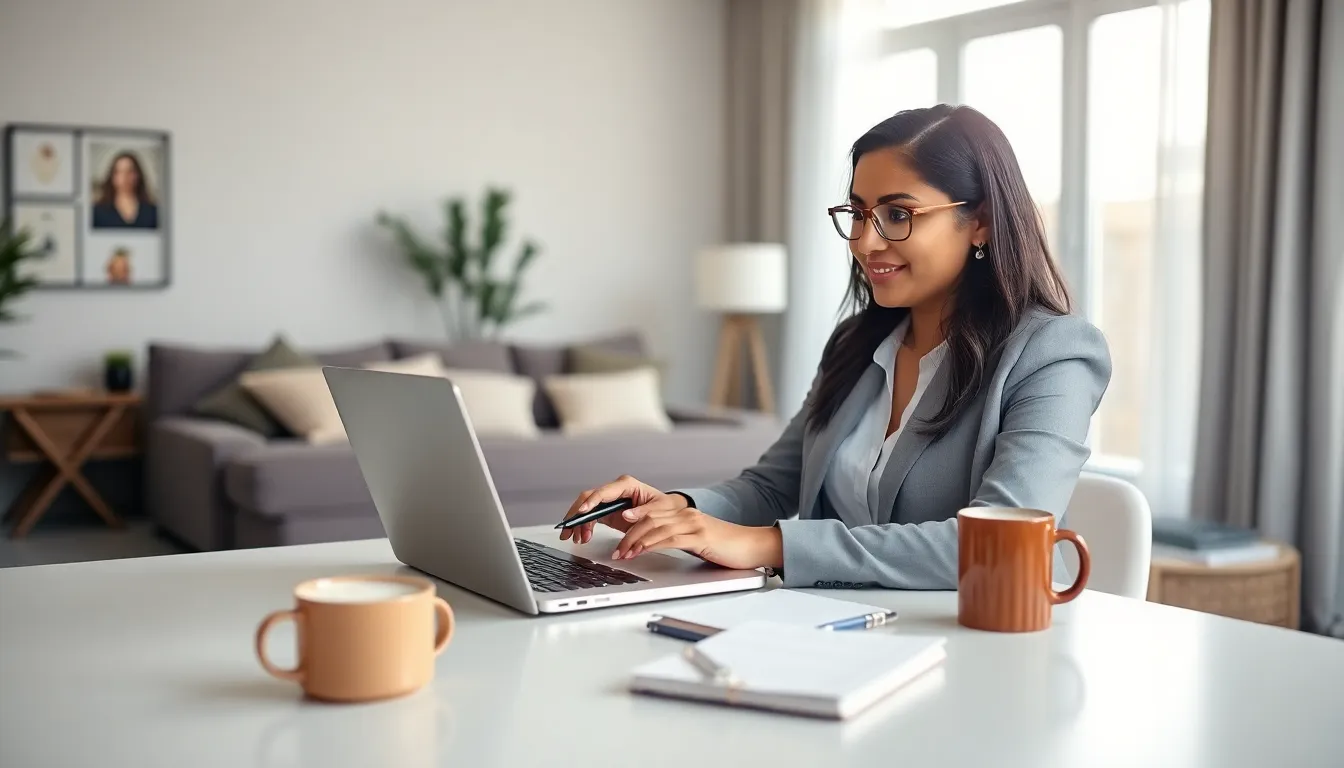 Freelancer using QuickBooks in a modern home office.