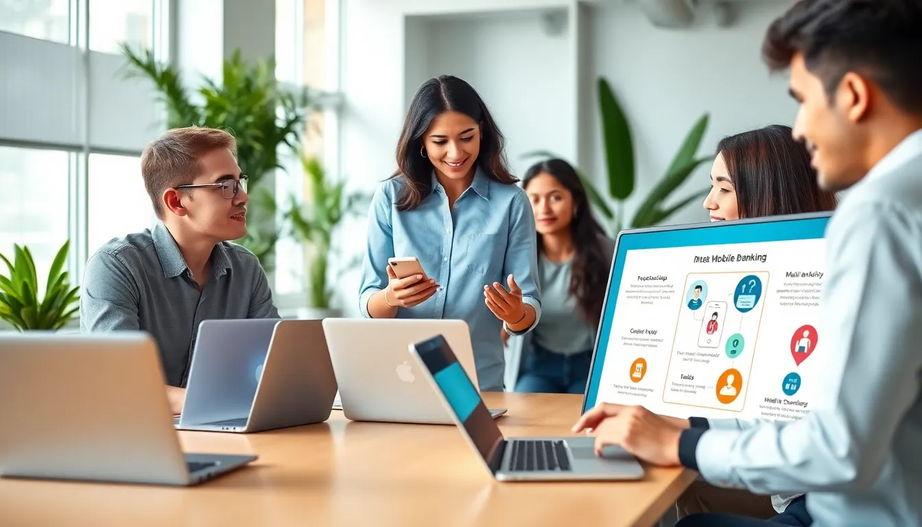 diverse team discussing mobile banking app features in a bright office setting.