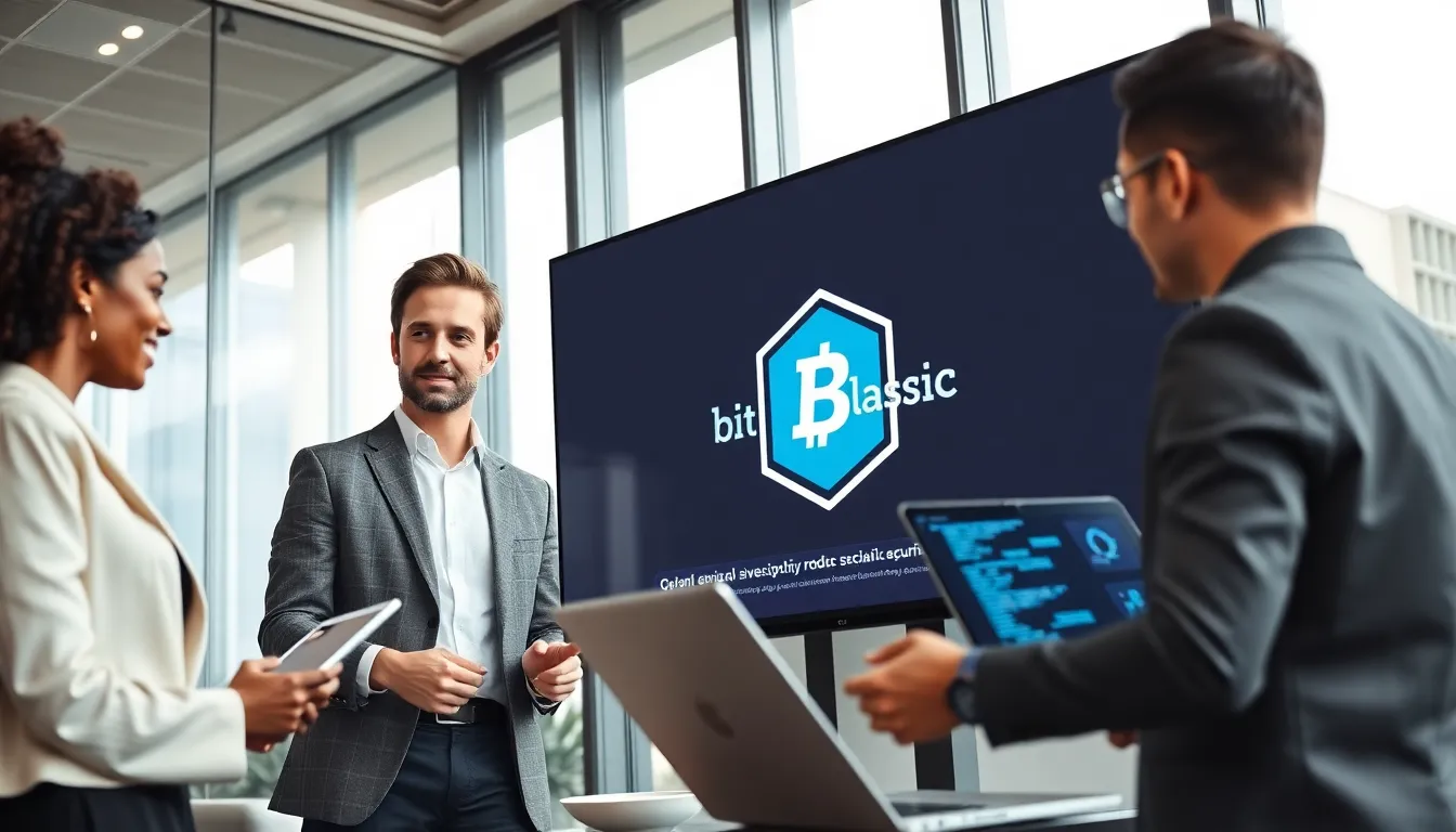 diverse professionals discussing Bitclassic blockchain technology in a modern office.