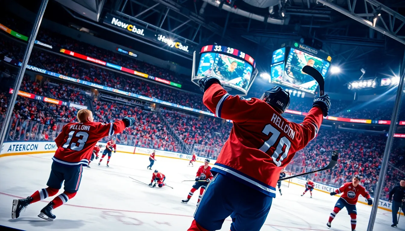 hockey players celebrating in a vibrant NHL arena.
