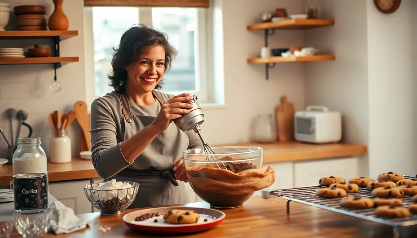 a baker joyfully preparing cookies in a warm kitchen.