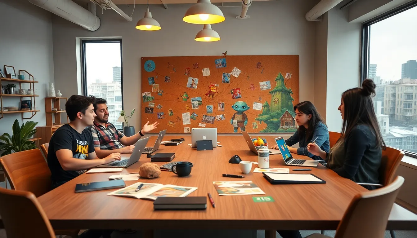 a diverse team discussing game design in a bright studio.