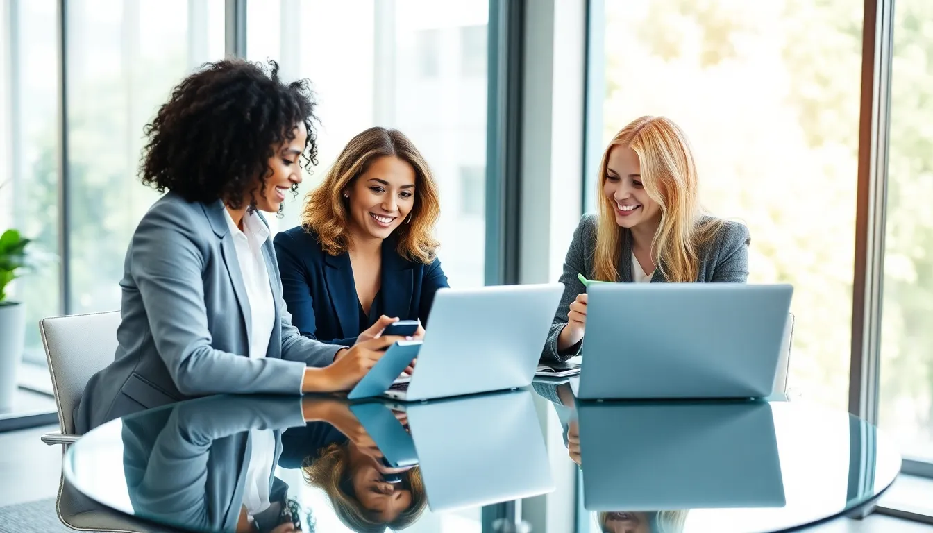 three professionals collaborating in a bright, modern office setting.