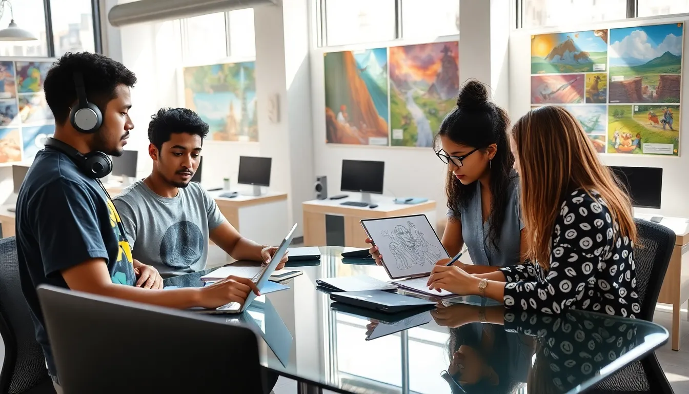 a diverse group of young game developers collaborating in a vibrant office.