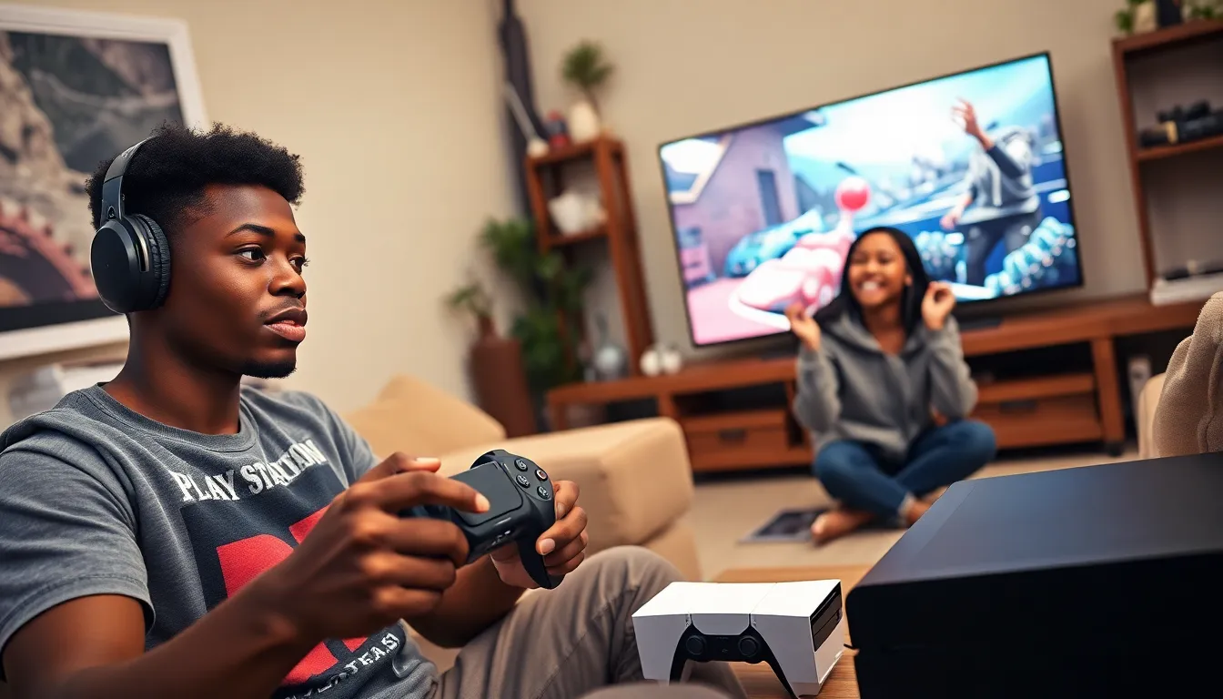 a group of gamers enjoying PlayStation consoles in a cozy living room.