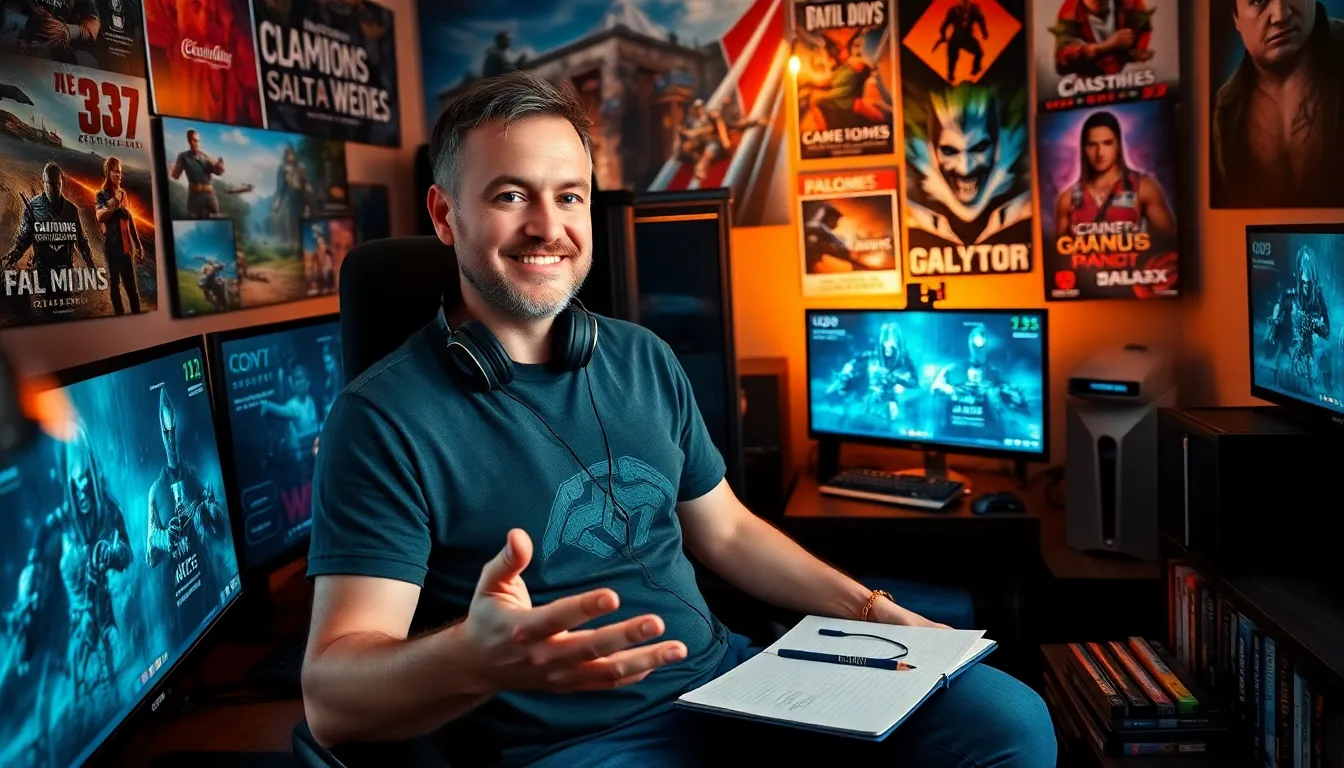 Larry sharing gaming strategies at his desk in a cozy room.