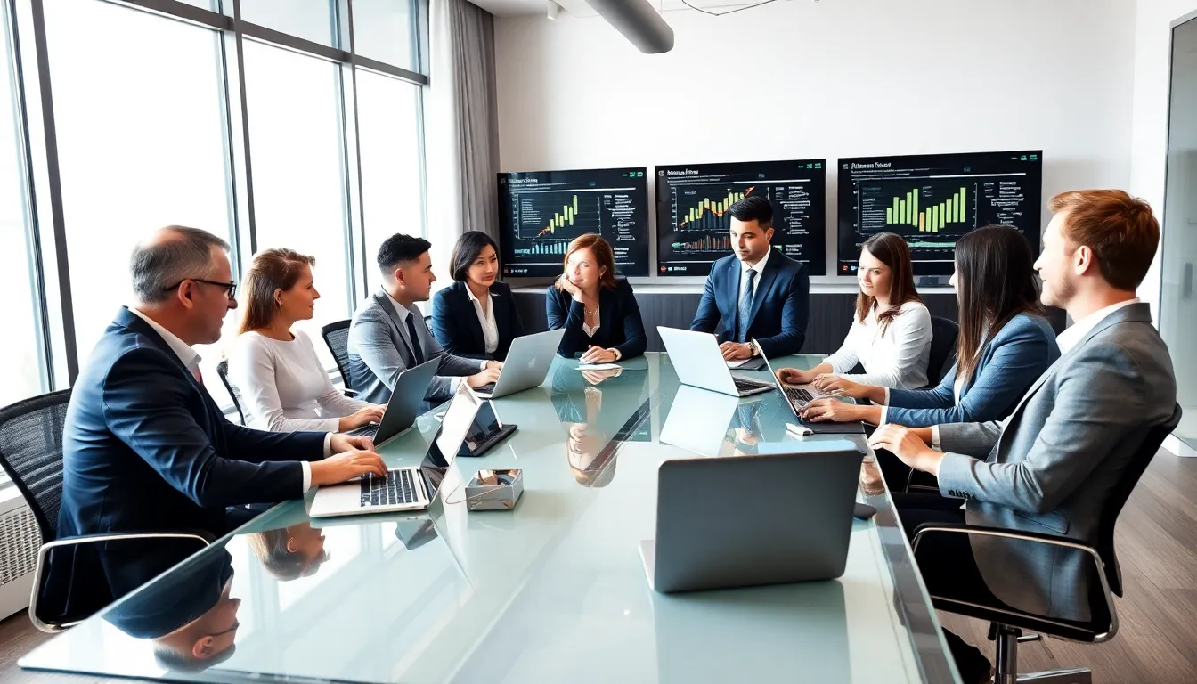 diverse team discussing digital marketing and technology trends in a modern office.