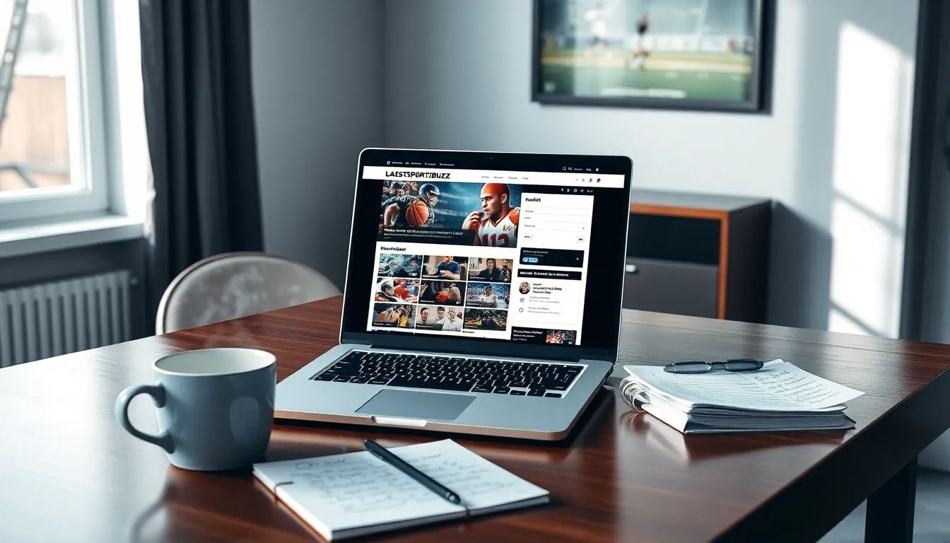 a modern workspace with a laptop displaying a sports website's contact form.