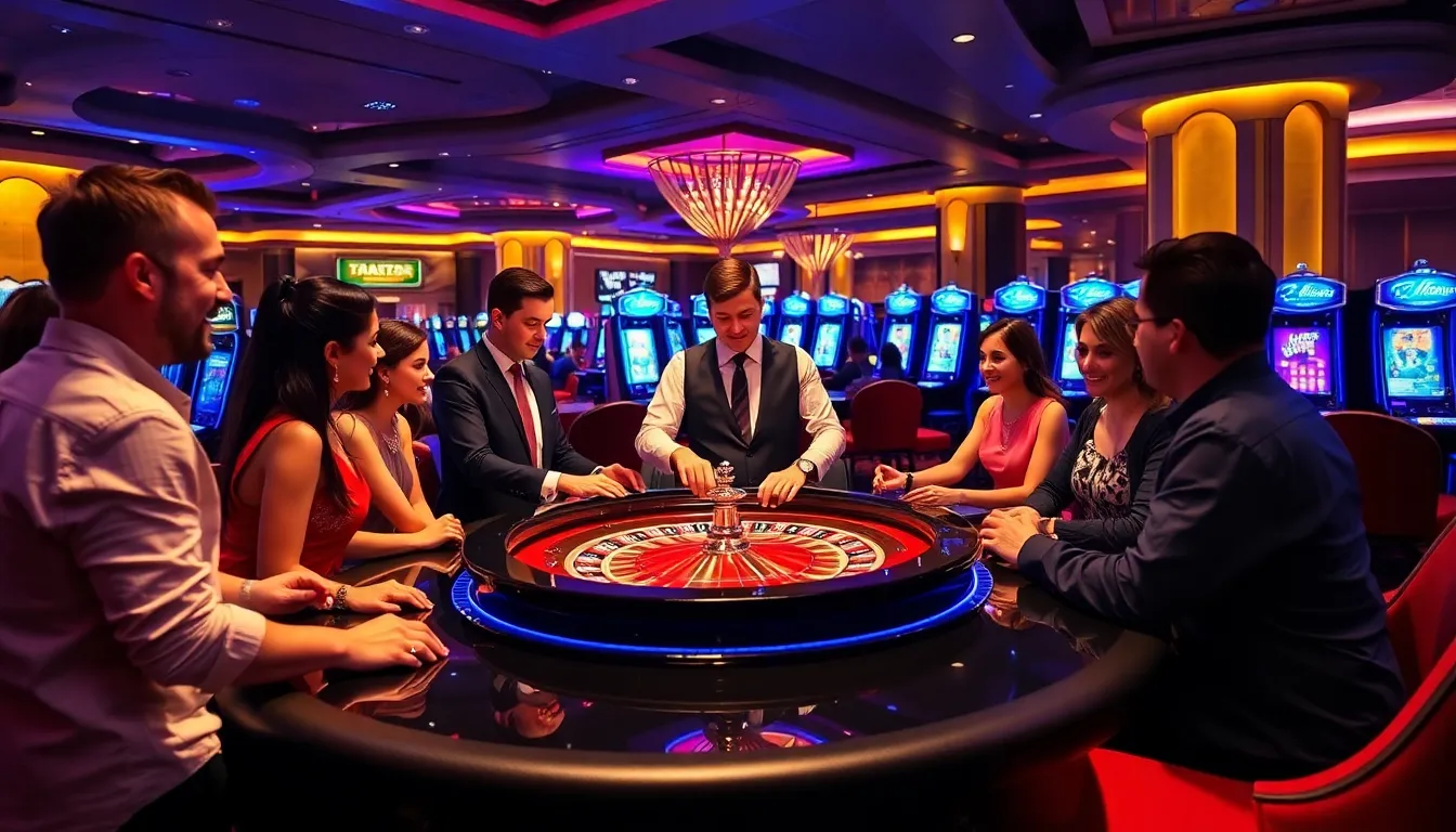 diverse players enjoying a table game with a professional dealer in a casino.