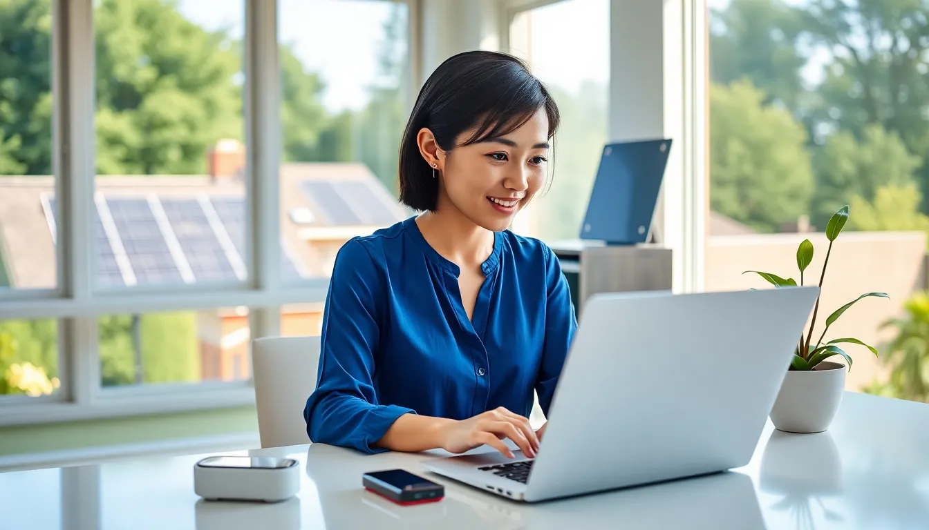 a woman exploring energy solutions on her laptop in a modern home office.