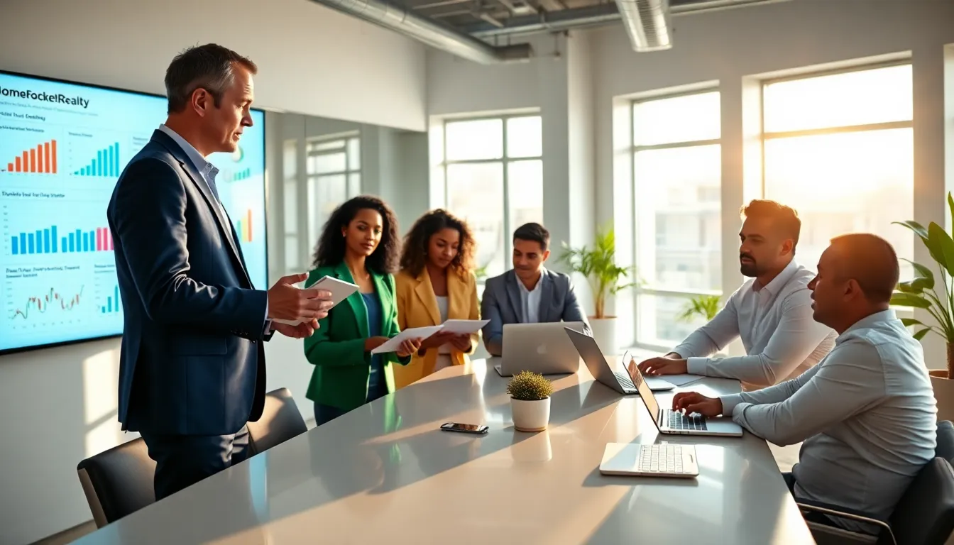 professionals collaborating on real estate technology in a modern office