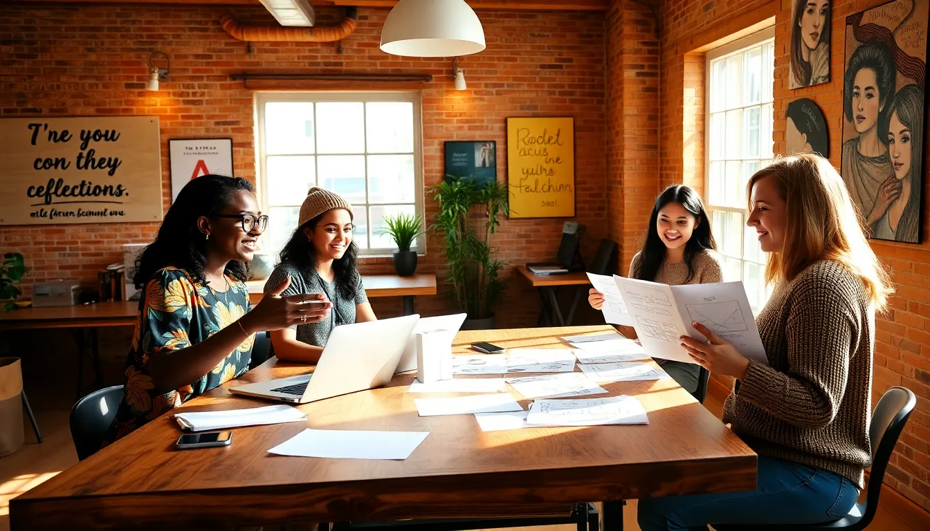 A diverse group brainstorming in a sunny co-working space.