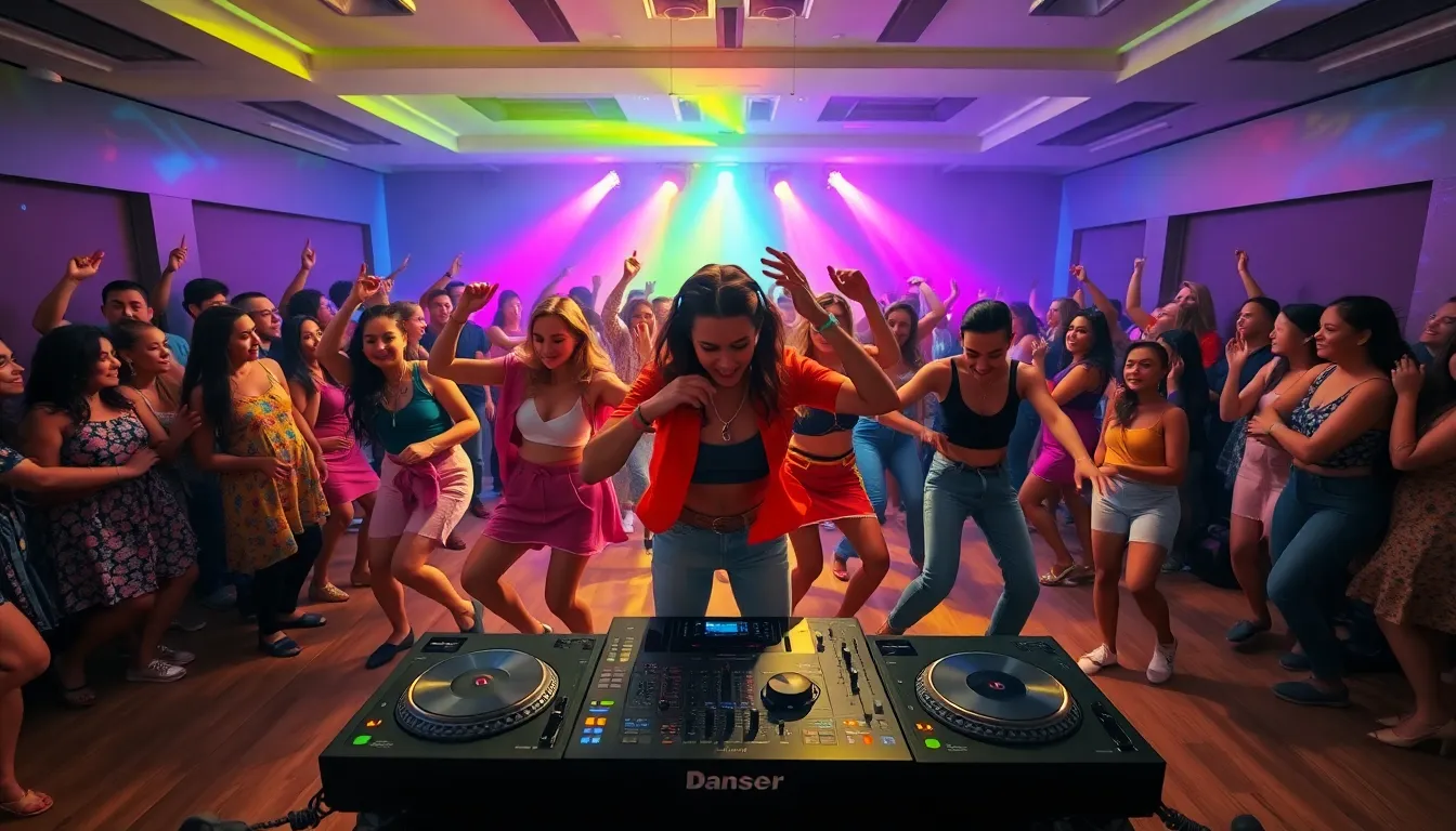 Diverse dancers enjoying music at a vibrant dance party.
