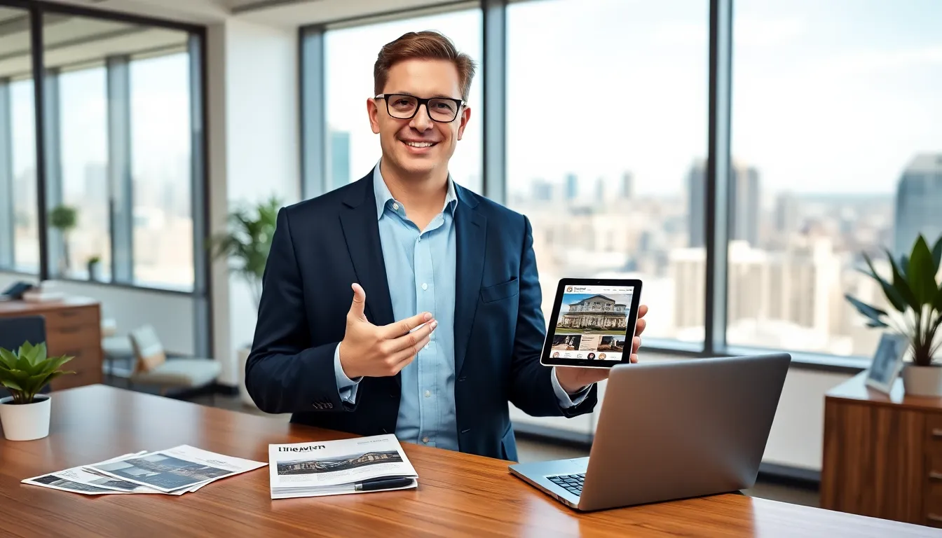 Timothy showcasing real estate listings in a modern office setting.