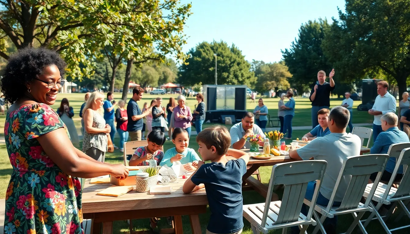 a diverse group enjoying community activities at a thrifty event in a park.