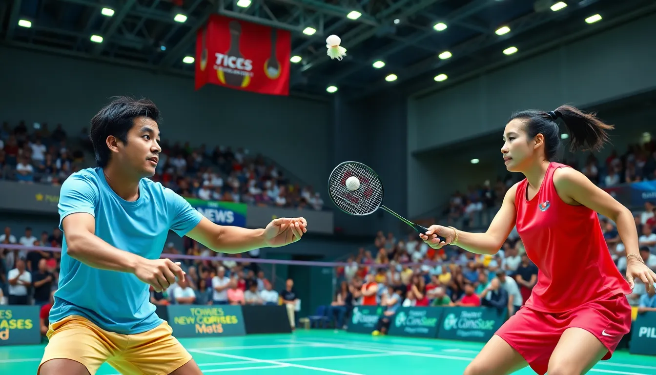 action-packed badminton match with diverse professional players in a modern arena.