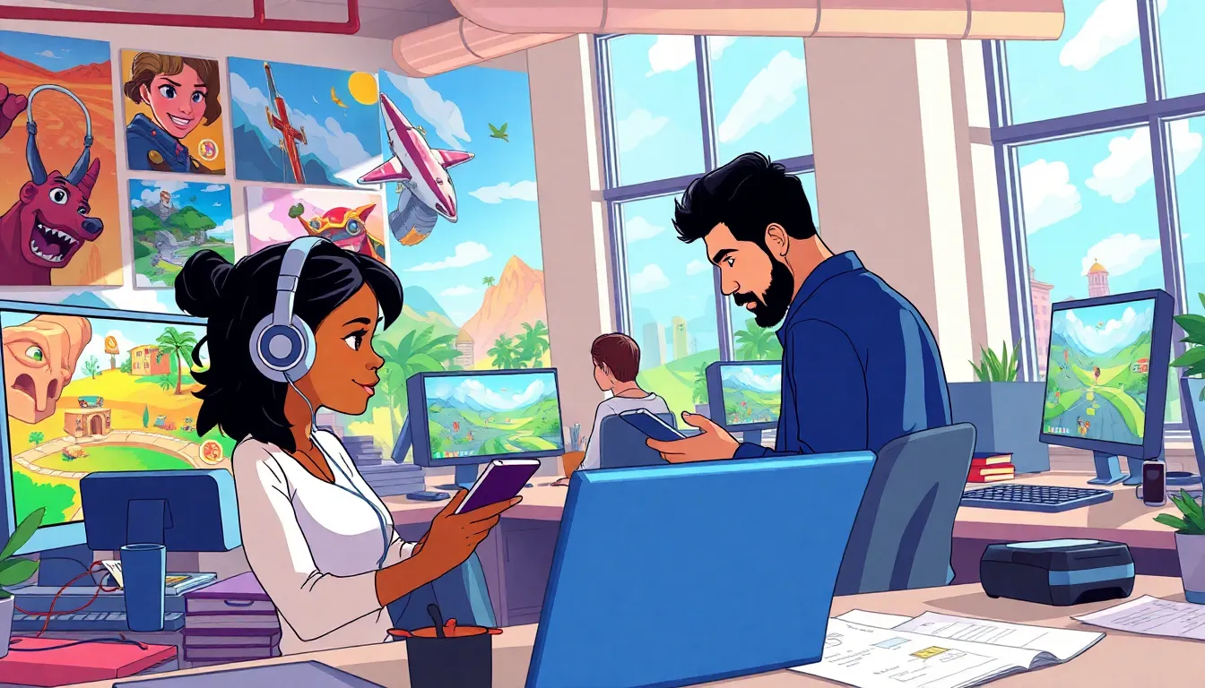 a diverse gaming studio team collaborating on video game designs.