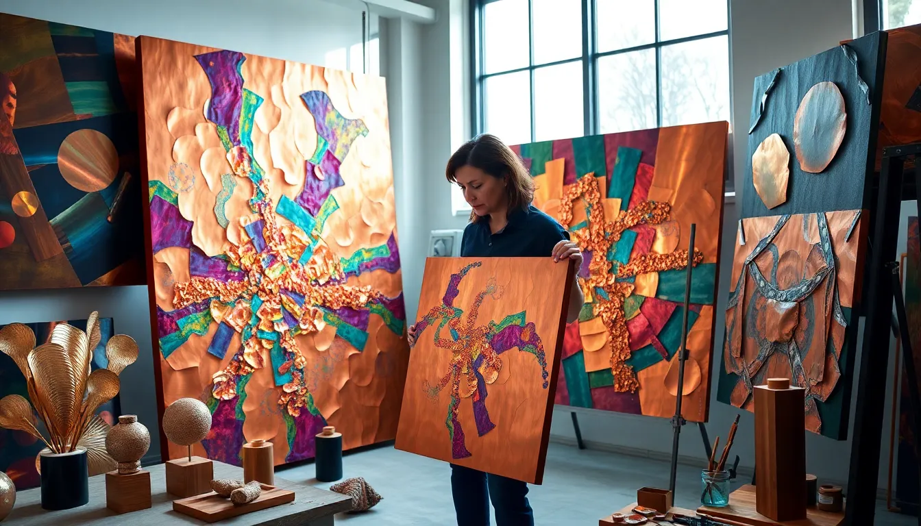 artist working on a colorful copper artwork in a modern studio.