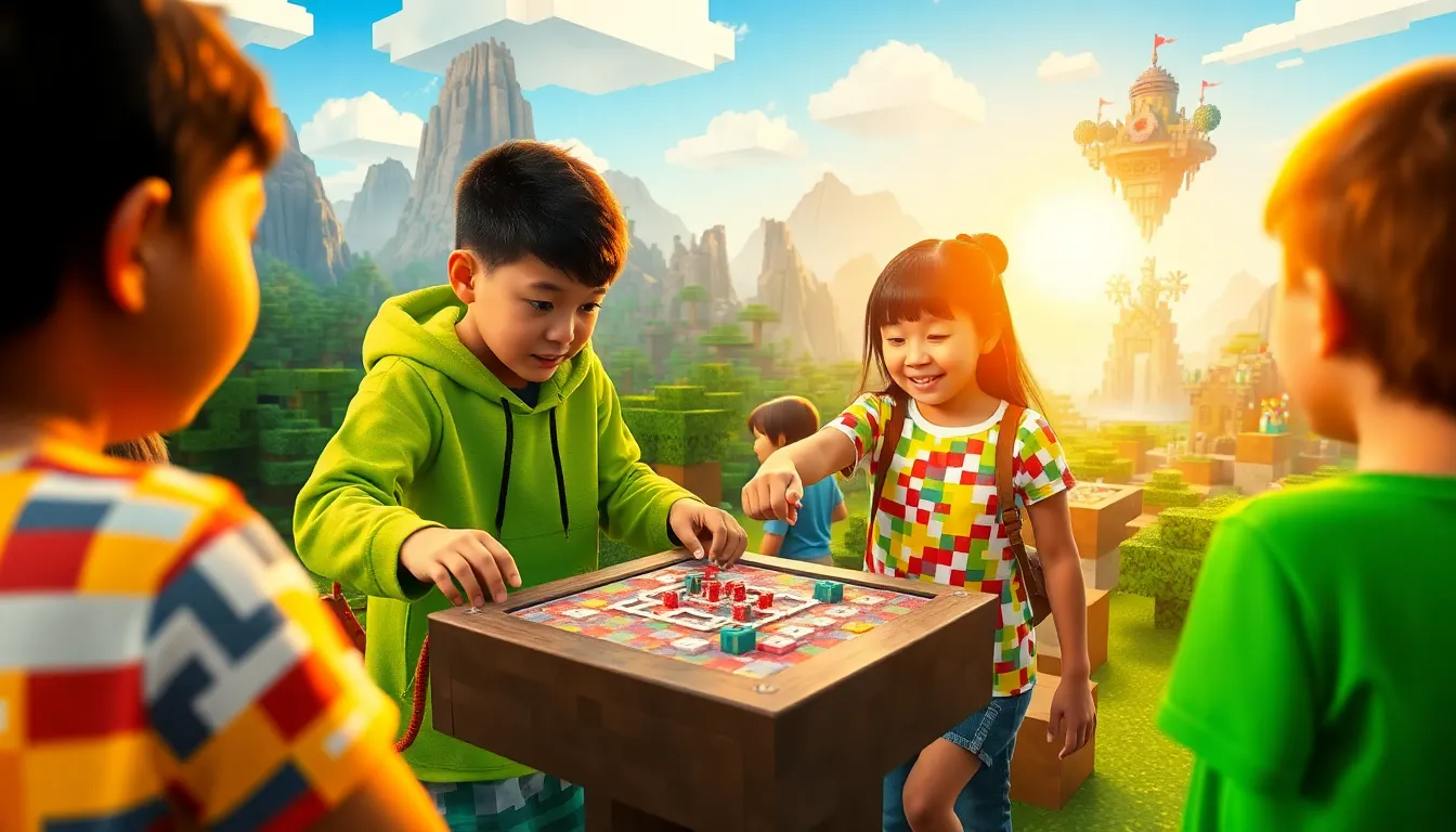 two players engaging in a creative Minecraft game surrounded by colorful landscapes.