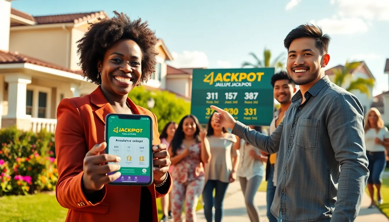 Participants engaging around a glowing accumulative jackpot sign in a vibrant neighborhood.