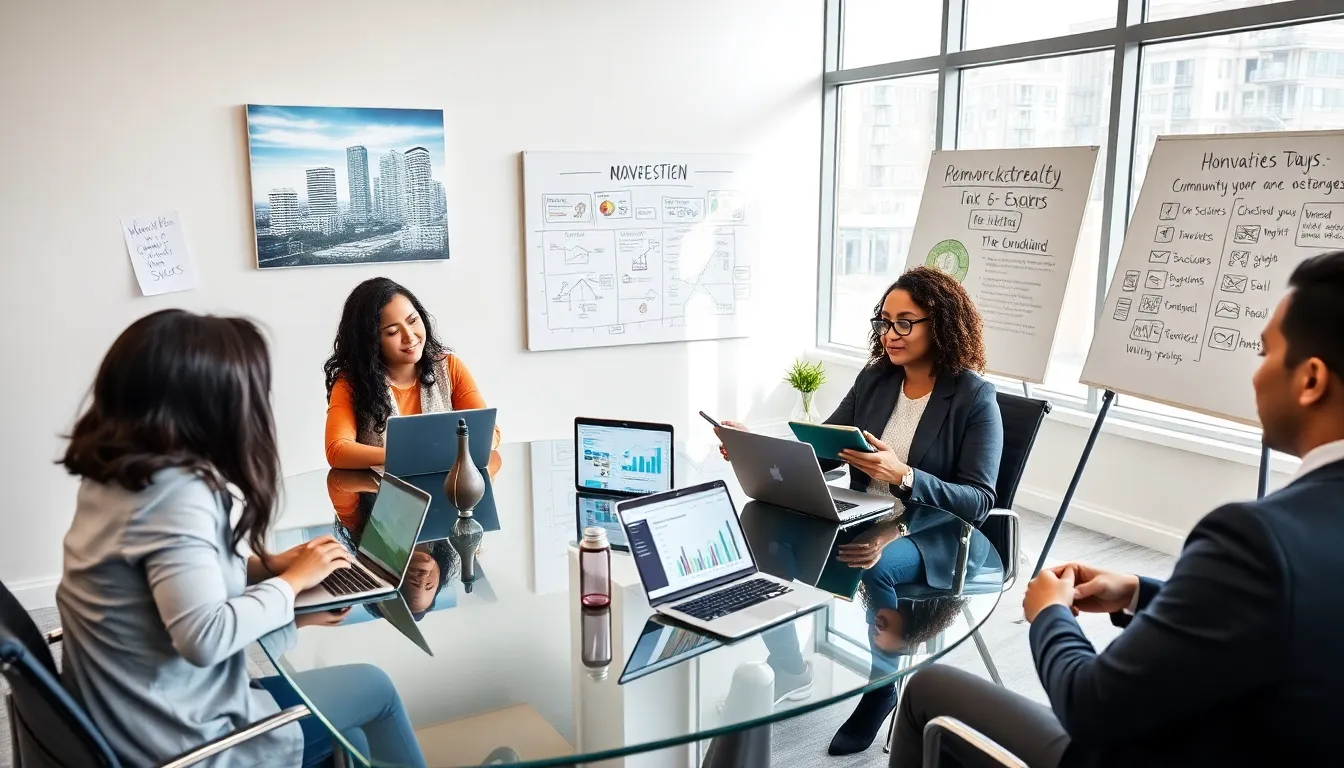 diverse team in a modern office discussing real estate innovations.